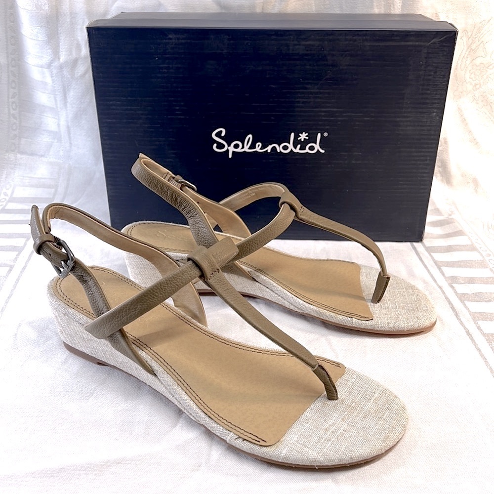 SPLENDID T Strap Beige Linen and Taupe Leather  Wedge Sandals NEW IN BOX SZ 9